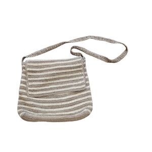 Vtg Crochet Bag Crossbody Zip Flap Woven Beige Brown Boho Beach Kathy Ireland
